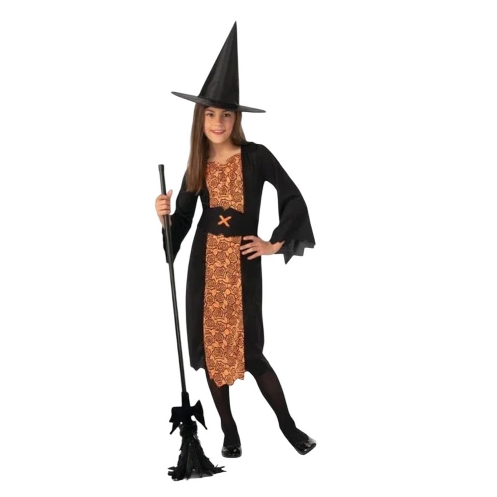 Girls Witch Costume Dress Hat Broom Halloween Spiderweb Black Orange Large